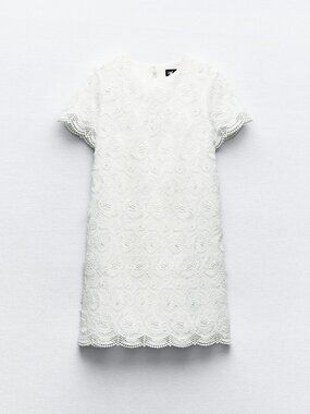 Zara White Textured Embroidered Mini Dress Short Sleeve Chic Summer Bridal